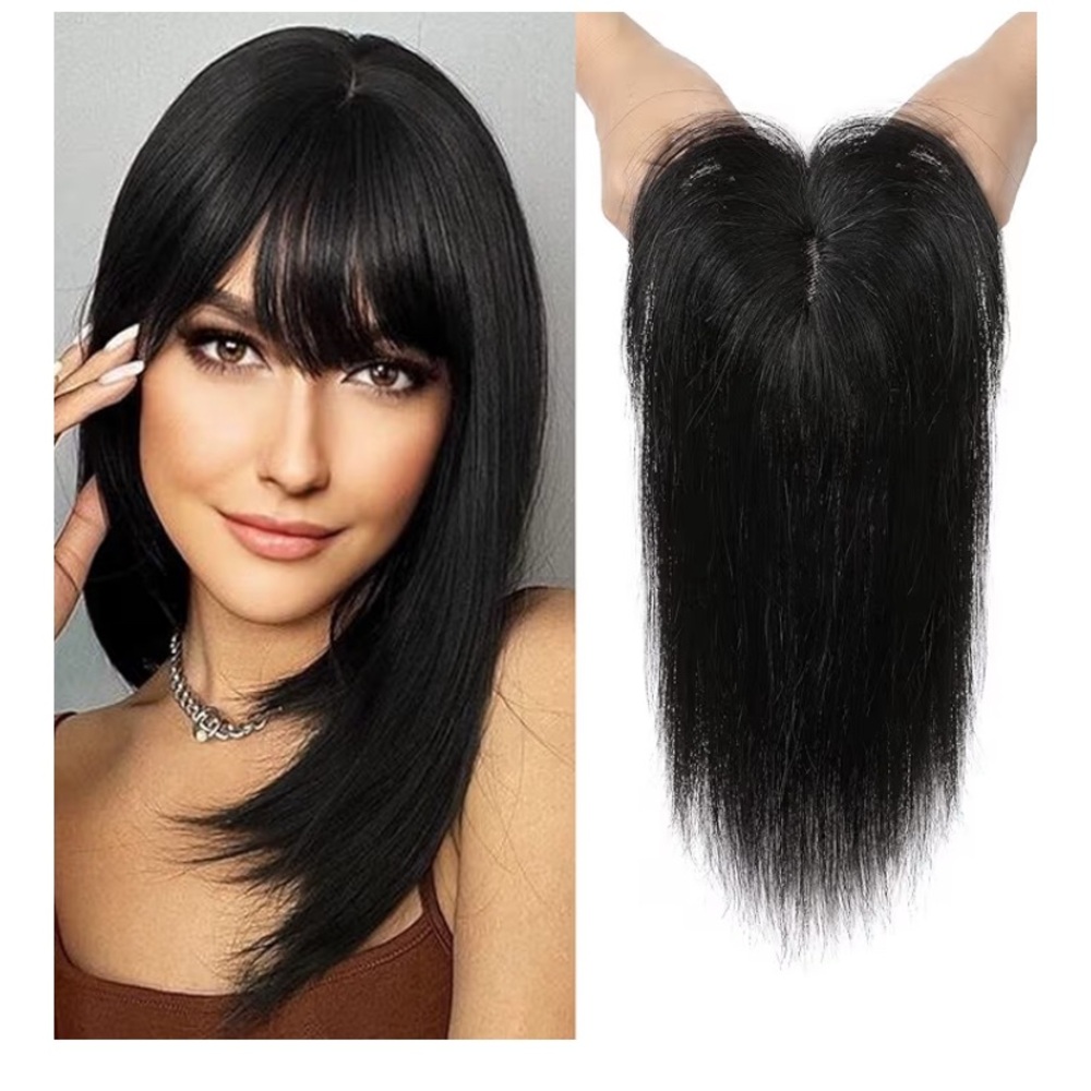 REECHO Hair Topper Real Human Hair, 10” w/ Bangs,for Thinning Hair,Natural Black